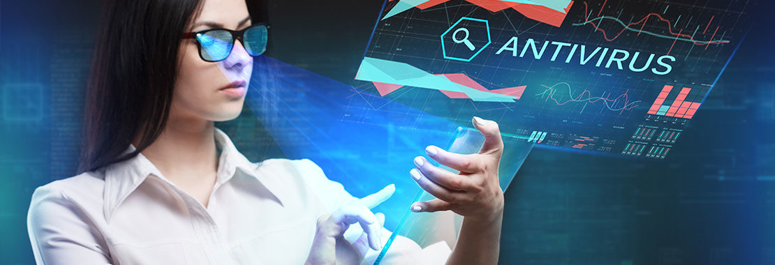 futuristic woman on glass device with lightbeams projecting from her glasses and word "antivirus" in background