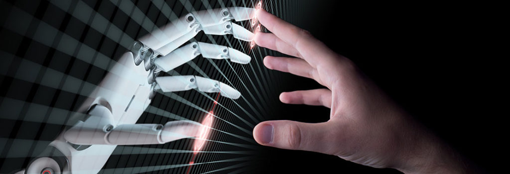 Robot hand and human hand touching fingertips
