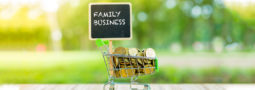 tiny shopping cart filled with coins and sign that says "family business"