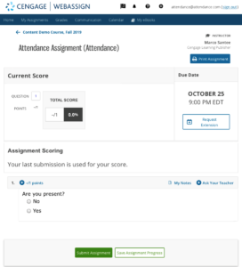 Screenshot of Attendance Assignment Asking if Student is Present 