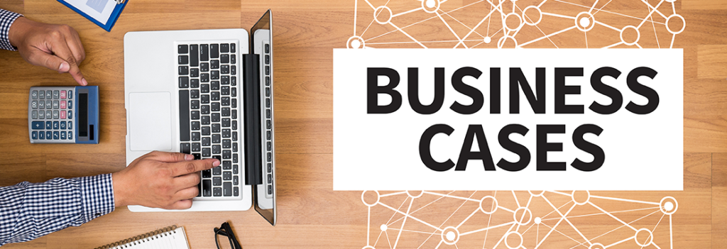 Person on laptop with the title, "Business Cases"
