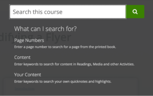A screenshot from SAM/MindTap showing search options, including page numbers, content and personal notes