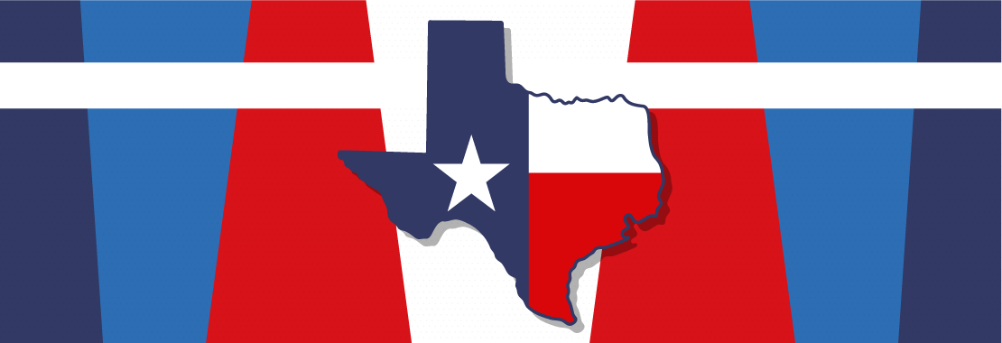 An image of Texas filled in with the state flag on a red, white and blue background