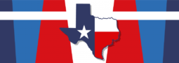 An image of Texas filled in with the state flag on a red, white and blue background