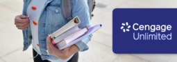 student carrying textbooks with cengage unlimited logo overlay