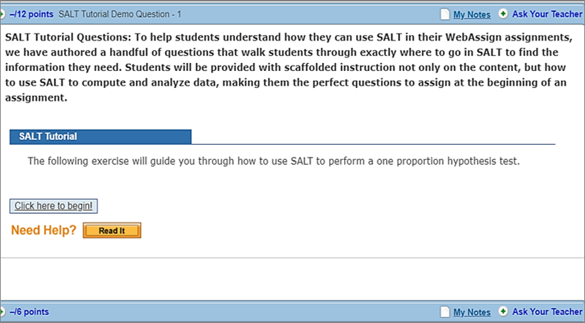 Screenshot example of a SALT Tutorial Question in WebAssign. 