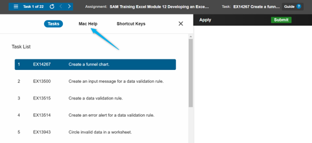 Screenshot showing how SAM simulated trainings include tips for Mac users and keyboard shortcuts (for accessibility) to help students complete projects and exams.