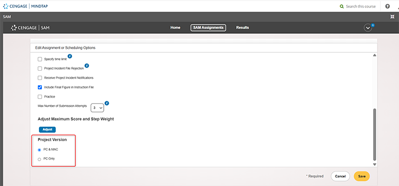 Screenshot of edit assignment or scheduling options in SAM Capstone Project.
