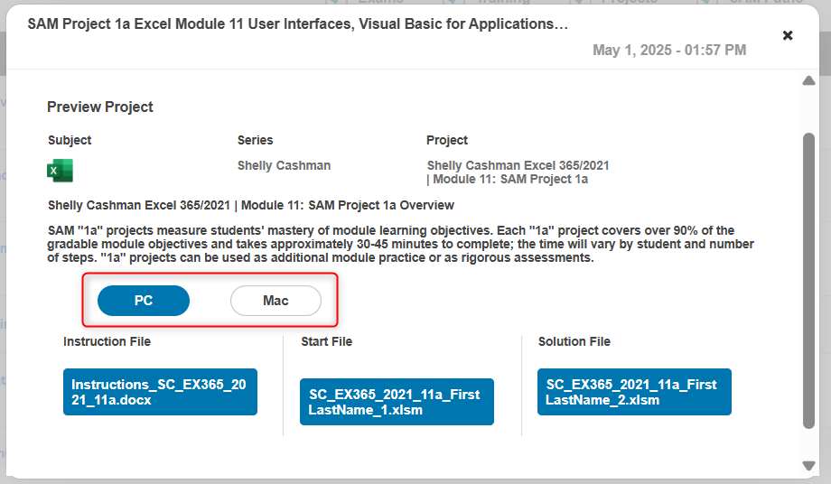 Screenshot of SAM Project 1A Excel module.