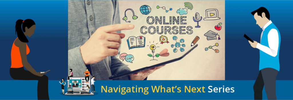 hand pointing to "online courses" with various icons surrounding it