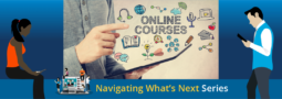 hand pointing to "online courses" with various icons surrounding it