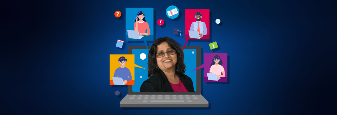 An image of Dr. Sinjini Mitra surrounded by art of online students