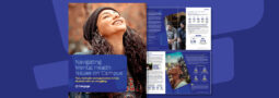 Image featuring the cover of the eBook, "Navigating Mental Health Issues on Campus," and screenshots from the contents of the eBook.