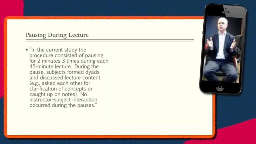 Still of James Lang on smart phone with a quote about pausing during lecture