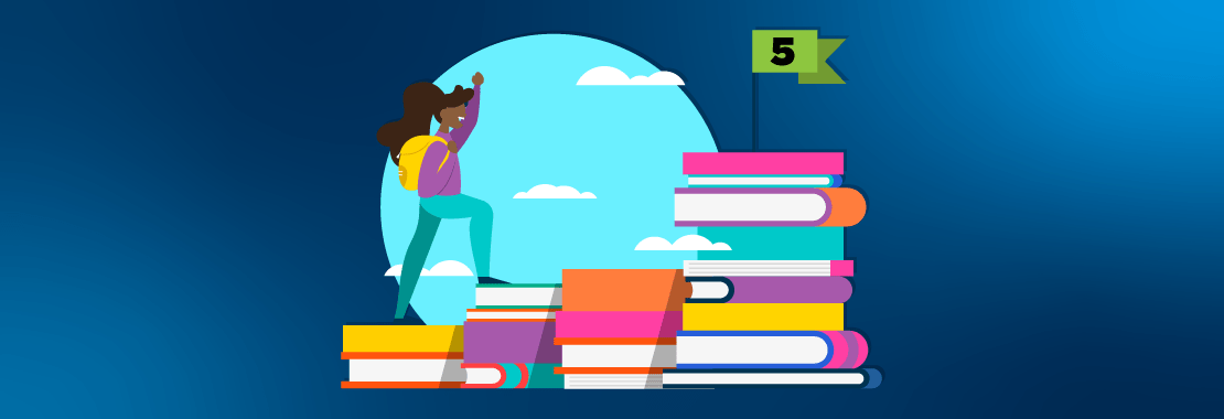 A student climbs a mountain of books, cheering as she nears the top