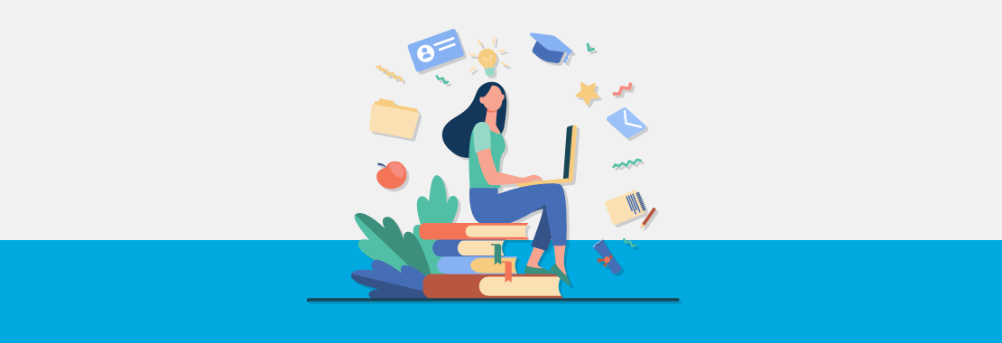 graphic of student sitting on stack of giant books with education-themed icons floating around them
