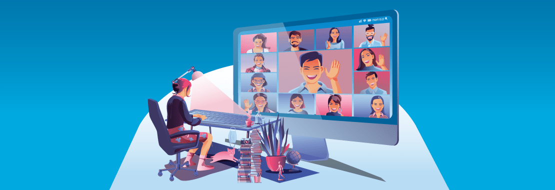 graphic of seated student looking at giant computer screen of classmates