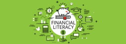 financial literacy themed graphic with different financial icons scattered across