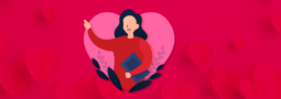 graphic of woman holding a book within a heart shape