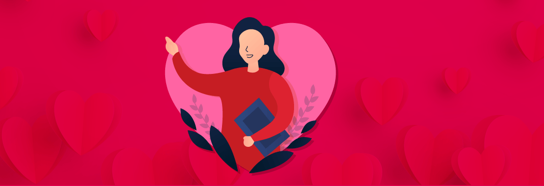 graphic of woman holding a book within a heart shape