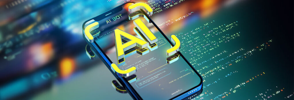 Smartphone on a computer screen background with yellow highlighted letters "AI" in the forefront