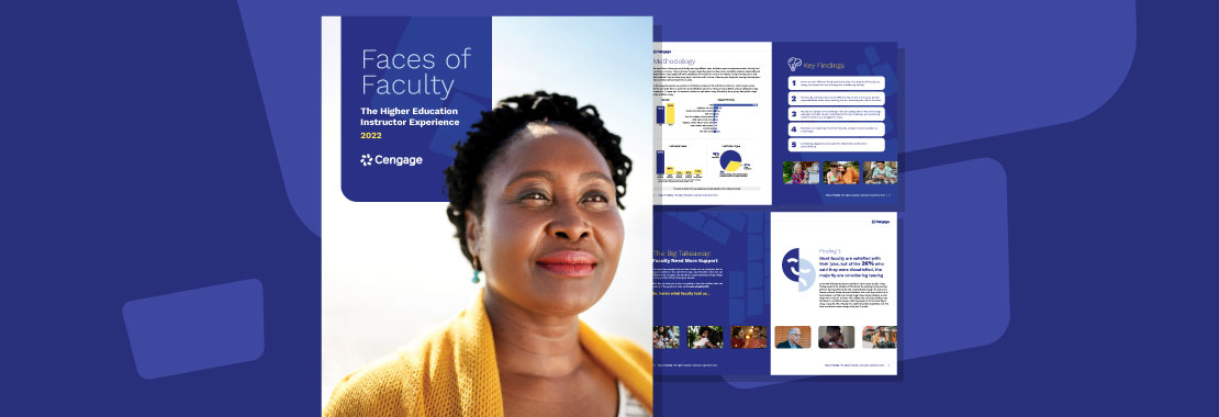 Preview of cover page and four small other page snippets of the Faces of Faculty 2022 white paper against a blue background.