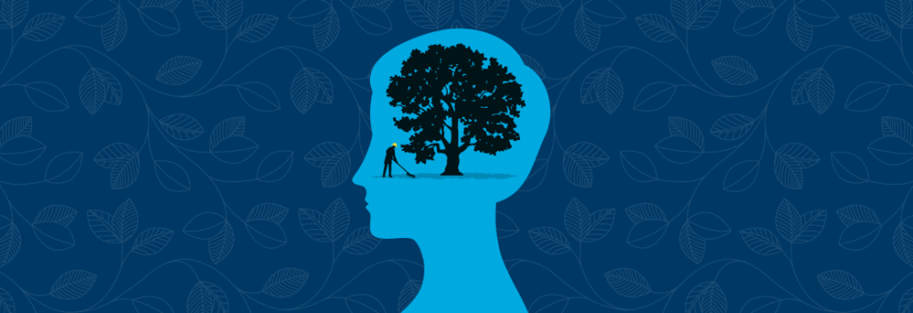 A person tending to a tree inside a human mind