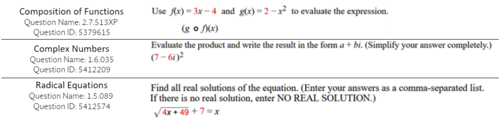 Screenshot displaying example problems from WebAssign, including: - Composition of Functions (Question Name: 2.7.513XP, Question ID: 5379615) - Complex Numbers (Question Name 1.6.035, Question ID: 5412209) -Radical Equations (Question Name: 1.5.089, Question ID: 5412574) 