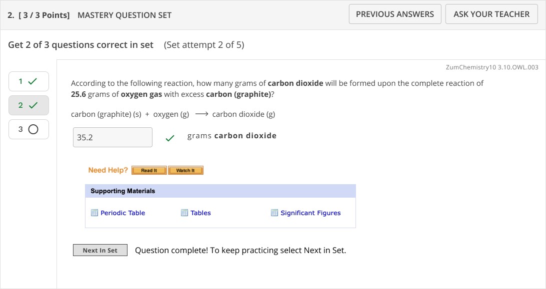 Screenshot from WebAssign of an example Mastery question set. It includes the question, an entry field for students to input their answer, supporting materials that students can open for reference and the help tools Read It and Watch It. 