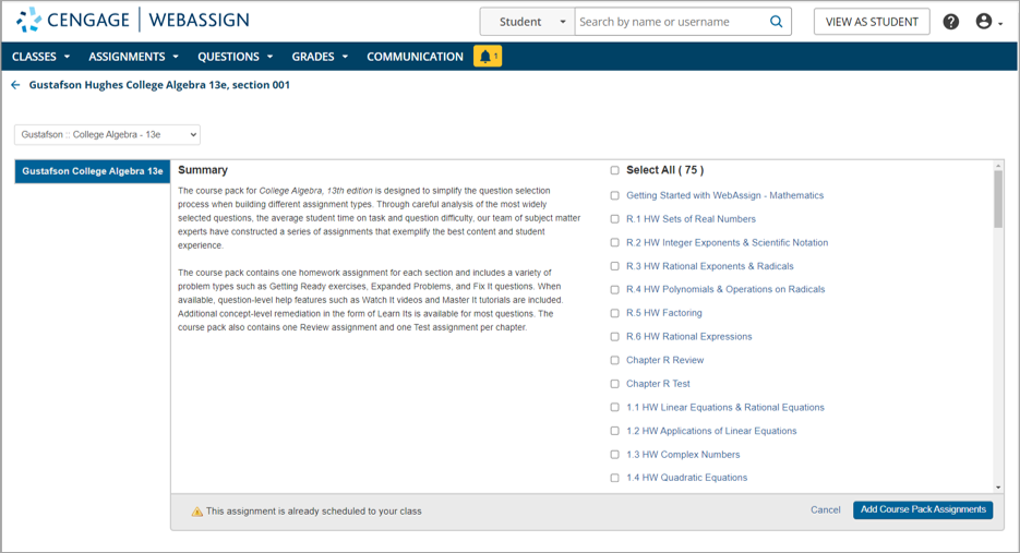 Screenshot of a Course Pack menu in WebAssign. It includes a description of what's included in the Course Pack for the title "College Algebra" 13th edition, and a list of premade homework assignments, chapter reviews and exams that you can select to include in your course. 
