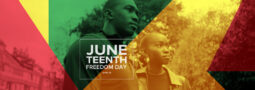 An image of two people overlaid with the text: "Juneteenth: Freedom Day, June 19"