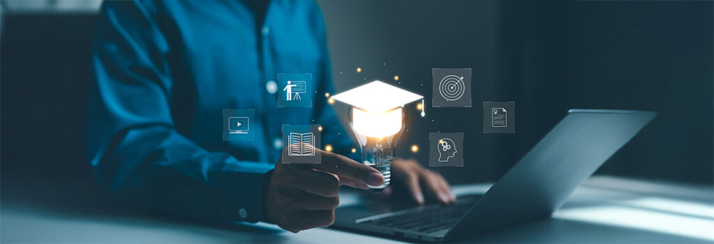 Person using a laptop with several AI icons including a lightbulb with graduation cap