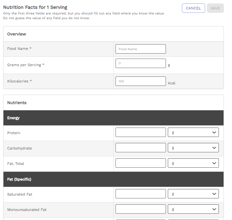 Nutrition Facts for 1 Serving fill-in-form in Diet & Wellness Plus