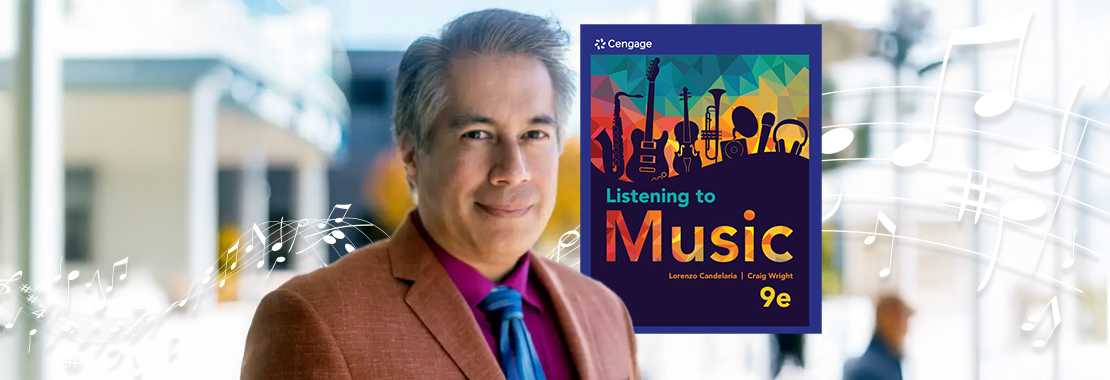 Headshot of author Lorenzo Candelaria next to the cover image of his textbook, Listening to Music 9e.