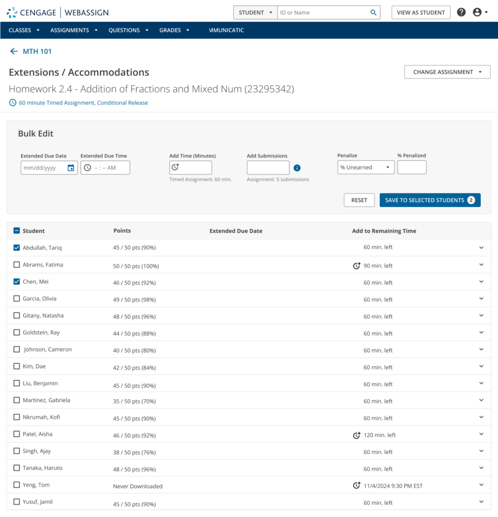 Extensions and Accommodation in WebAssign.