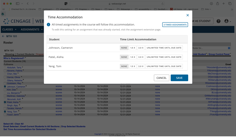 Time Accommodation settings in WebAssign.