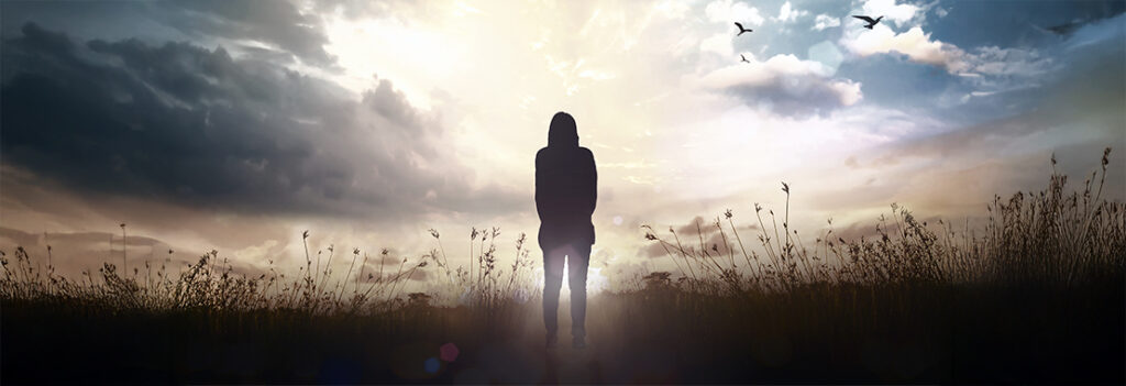 A shadowed silhouette stands in a sunlit field.