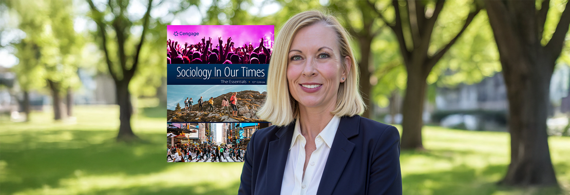Professor Laura Atkins pictured next to textbook, "Sociology in Our Times."