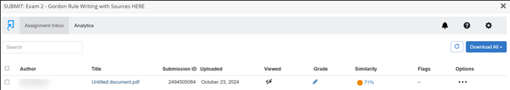 Turnitin inbox where the similarity percentage can be viewed and clicked on for expanded, detailed information.