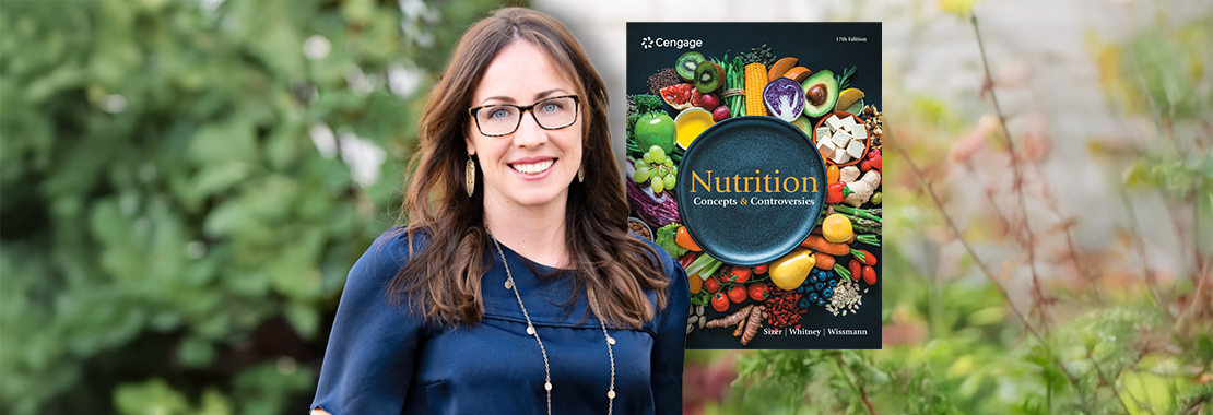 Author Mary Wissmann beside the cover image of "Nutrition: Concepts and Controversies."