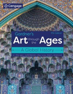 Textbook cover for"Gardner's Art through the Ages: A Global History" with text set against patterned background. 