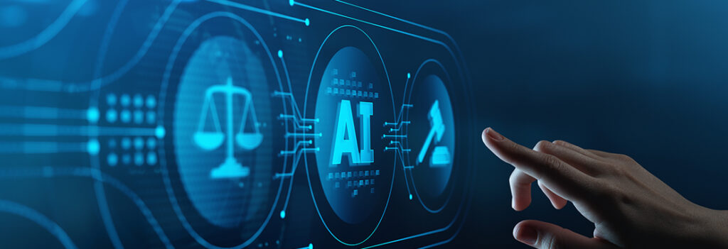 A finger is shown pointing toward three digital icons displaying the scales of justice, the word "AI" and a gavel.