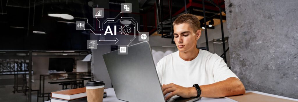 A man working on his laptop in a professional setting surrounded by digital icons