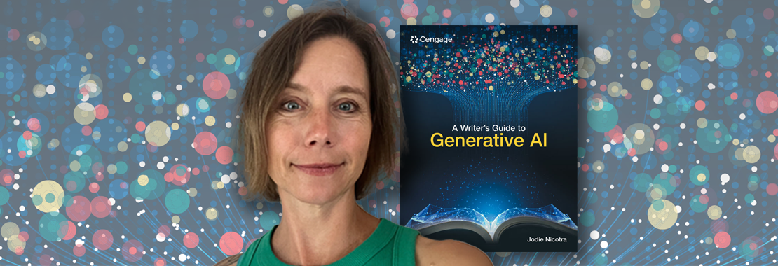 Jodie Nicotra featured next to course cover, "A Writer's Guide to Generative AI"